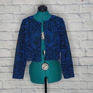 SACHIN + Babi Noir Womens Blue Black Embroidered silk lace bolero jacket Sz 8